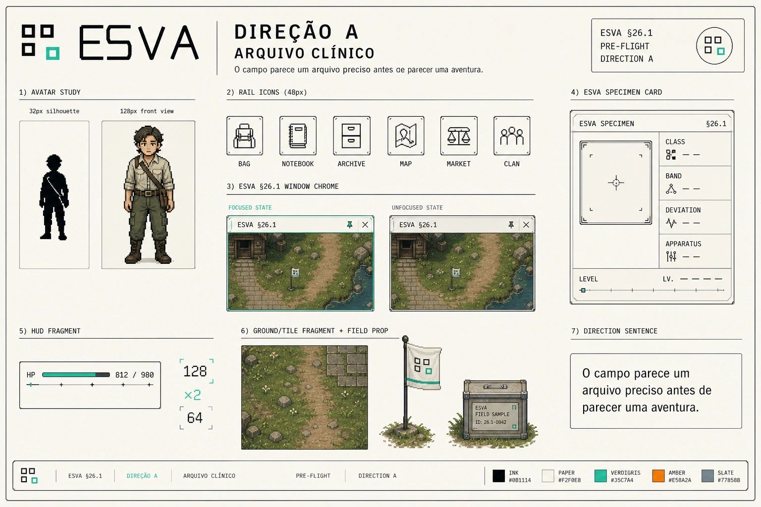 Direction A — Clinical Archive: ESVA's approved art direction board, with avatar study, rail icons, window chrome, specimen card, HUD fragment and terrain.